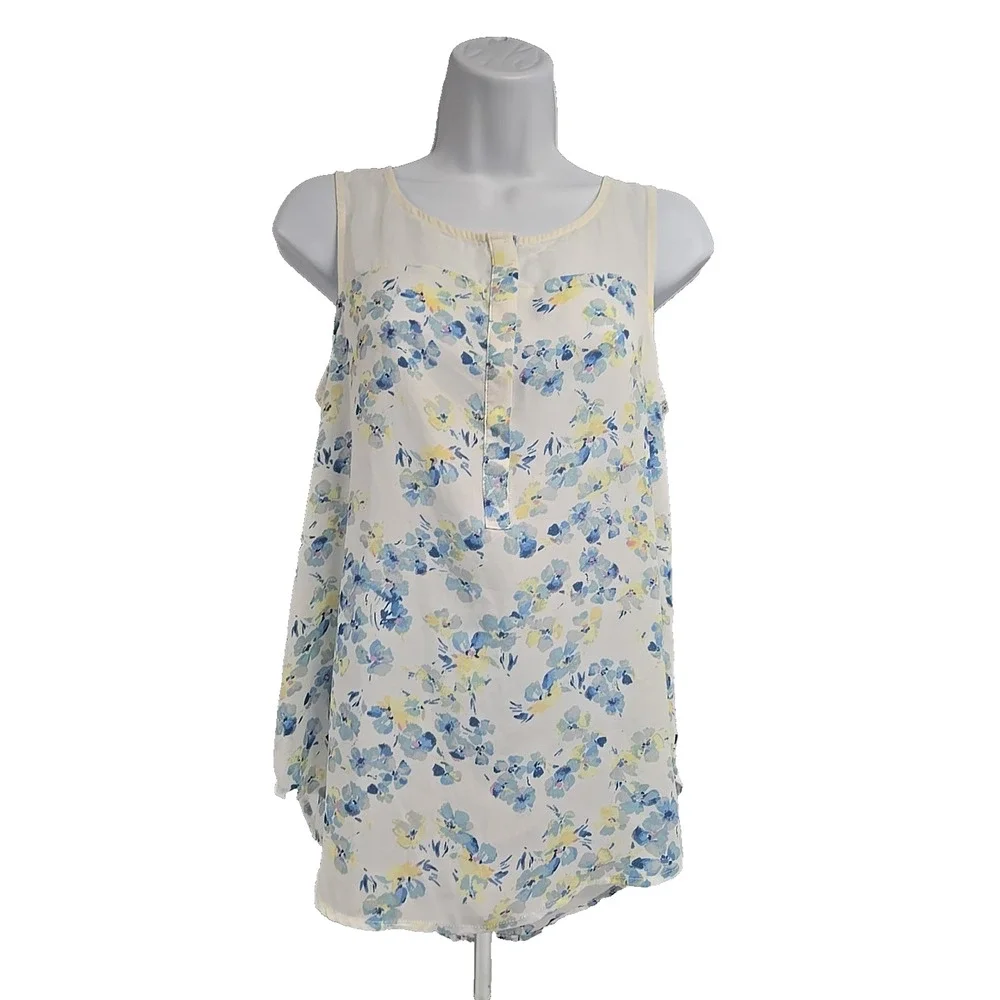 Lauren Conrad Womens Sleeveless Floral Blouse White Blue Yellow Boho Size S